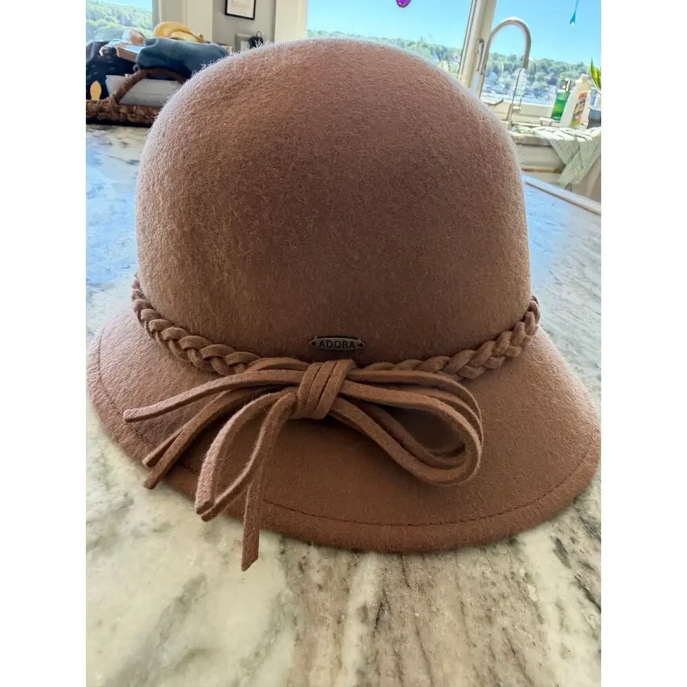 Adora 100% Wool Camel Cloche Hat One Size Braided Trim Side Bow Boho Classic